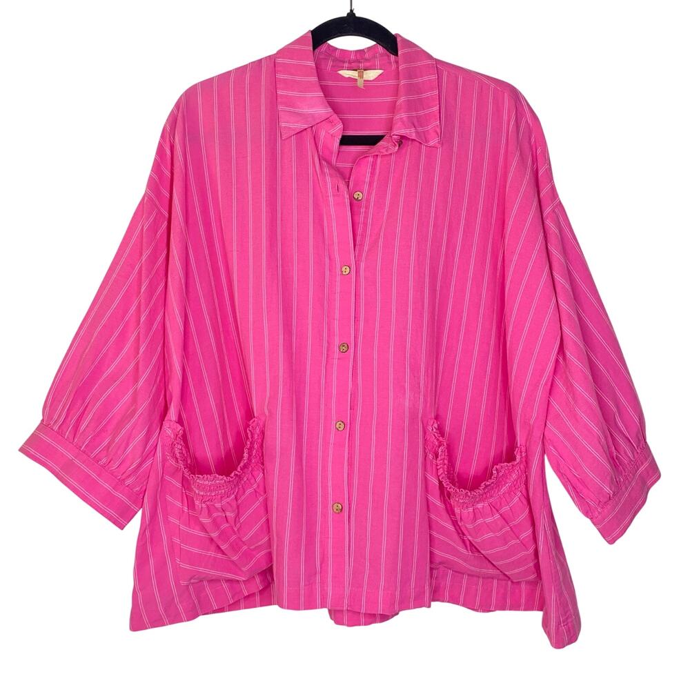 Free People Hot Pink Pinstripe Oversized Boxy Button Up Collared Top Size XS